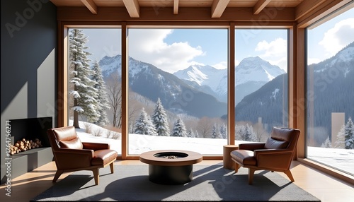 Cozy living room with mountain view through large windows, featuring armchairs and a fireplace, creating a warm and inviting atmosphere