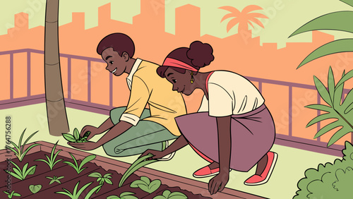 Two young people, a boy and a girl, are tending to a raised garden bed in an urban setting, with city buildings and palm trees in the background.