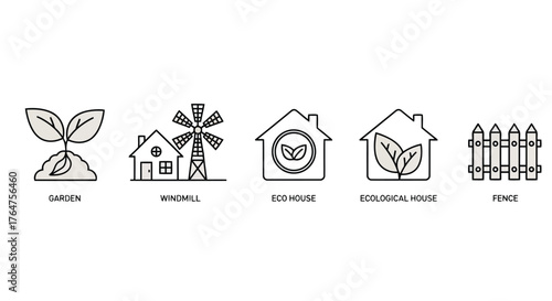 Vector illustration of set of simple line art icons depicting elements of a sustainable lifestyle, including a garden, windmill, and ecofriendly houses