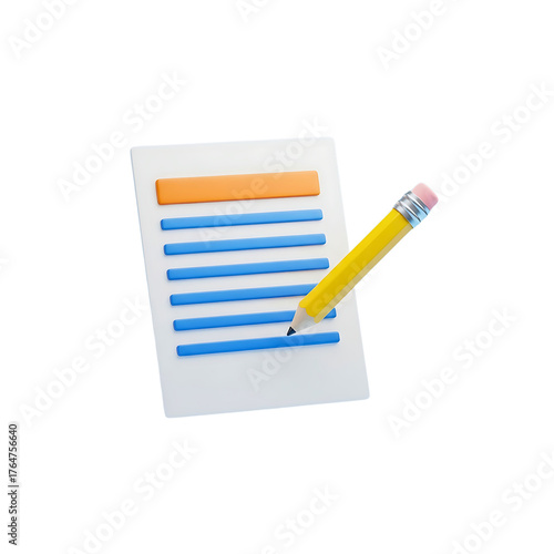 Yellow pencil writing on a notepad with blue lines isolated on transparent background