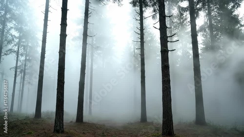 Whispers of the Misty Forest: The tranquil scene of tall, slender trees enveloped in a mystical mist. The air thick with the hushed secrets of nature. The image evokes a sense of calm and mystery.