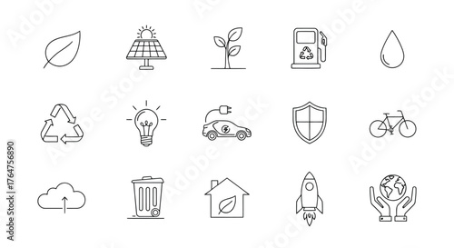 Vector illustration of simple line art icons depicting environmental themes such as renewable energy, conservation, and ecofriendly transportation on a