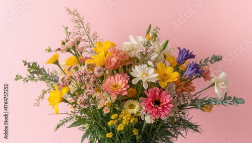 Spring floral arrangement against a pink backdrop