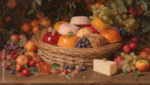 Basket filled with assorted fruits and cake