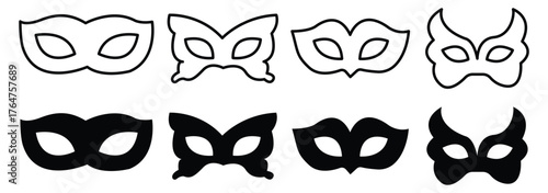 Mask superhero or carnival bandit burglar vector icon set. Black masquerade costume eye mask silhouette hidden villain scammer face. black superhero mask vector icons.