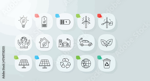 Vector illustration of set of ecofriendly icons representing green energy, sustainability, and environmental protection