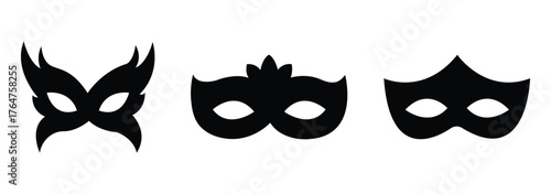 Mask superhero or carnival bandit burglar vector icon set. Black masquerade costume eye mask silhouette hidden villain scammer face. black superhero mask vector icons.