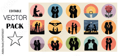 Couple Silhouettes and Romantic Scenes Vector Pack Keywords: couple, silhouette, romance, love
