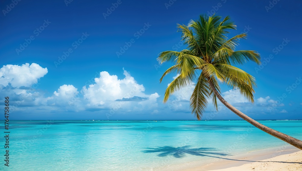 Fototapeta premium Charming coastal paradise with clear skies mirrored in calm waters alongside a coconut palm