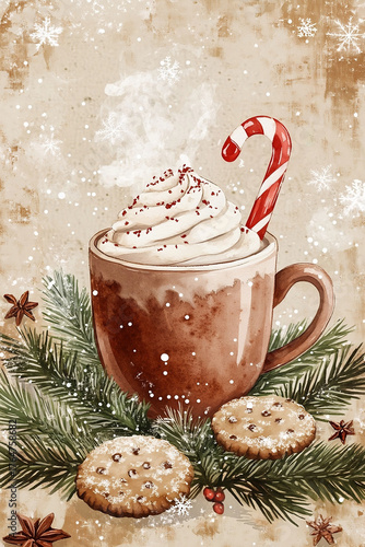 Cozy hot chocolate with whipped cream and candy cane watercolor Christmas illustration