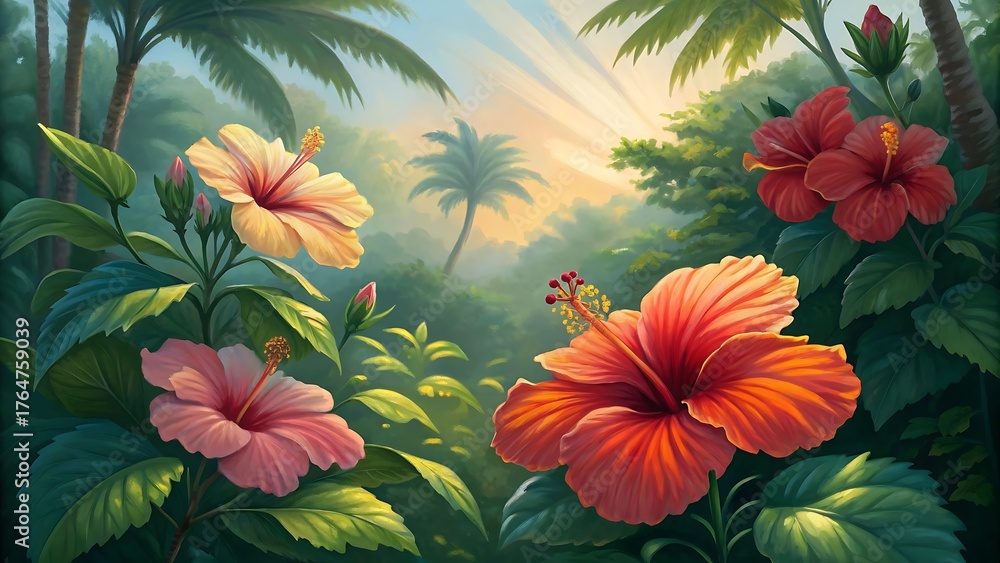Naklejka premium Vibrant Hibiscus Flowers Blooming in a Lush Tropical Garden