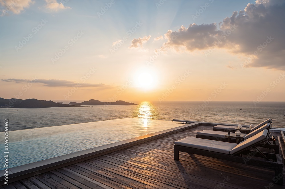 Fototapeta premium Contemporary rooftop pool with infinity edge and relaxing chair overlooking the ocean at sunset