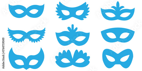Mask superhero or carnival bandit burglar vector icon set. Blue masquerade costume eye mask silhouette hidden villain scammer face. 