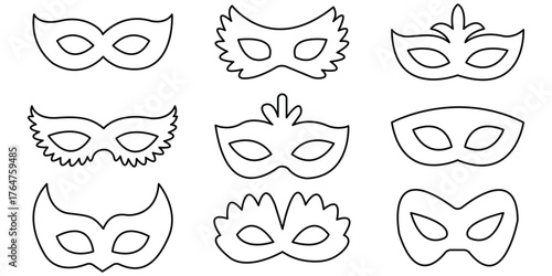 Mask superhero or carnival bandit burglar vector icon set. Black masquerade costume eye mask silhouette hidden villain scammer face.