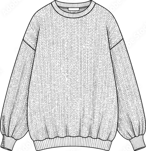 Basic oversized sweatshirt, casual unisex pullover top, comfy winter wear, ribbed cuffs and hem, CAD fashion flat vector technical illustration