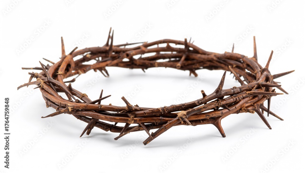 Fototapeta premium Christian Good Friday Ritual Featuring Jesus' Wooden Crown of Thorns Against a White Background with Space for Text
