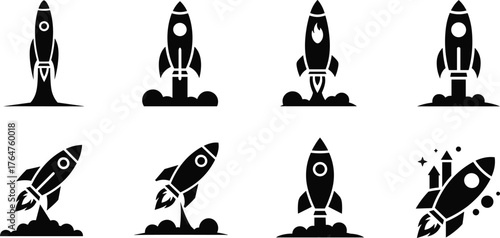 Collection of eight rocket launch icons in silhouette style for space exploration and innovation vector
