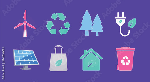 Vector illustration of set of ecofriendly icons including wind turbine, solar panel, recycling symbol, trees, and energysaving plug on a purple background