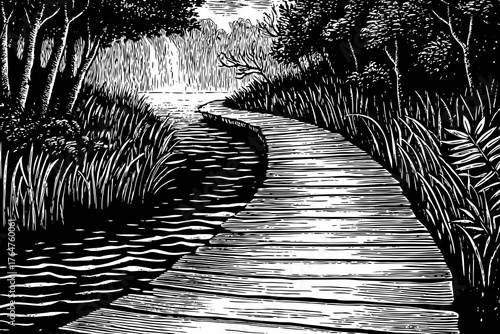 Beautiful wooden path sketch trail for nature trekking with lakes and waterfall landscape black and white