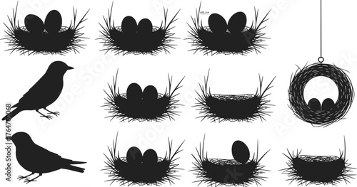 Bird nest and egg silhouette vector set, black bird icons, wildlife nature illustration for spring, breeding season, and natural design elements