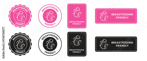 Breastfeeding icon set. Breastfeeding Friendly label. Baby care symbol. Mother and baby icons. Breastfeeding logo, badge, symbol, black, line, flat vector, isolated illustration.