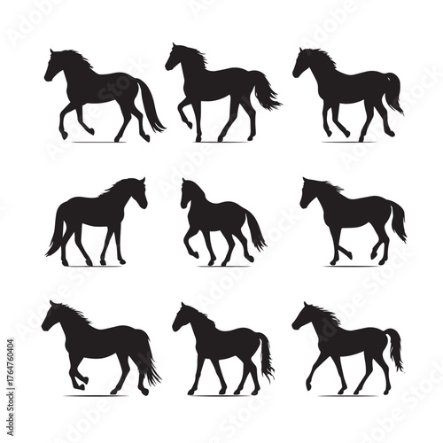 Collection of elegant horse silhouettes against a vibrant sunset isolated on white background