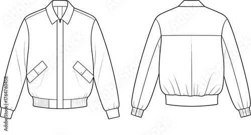 Bomber jacket technical flat sketch, front and back view, men’s outerwear fashion template, clothing design outline, cad drawing flat vector illustration