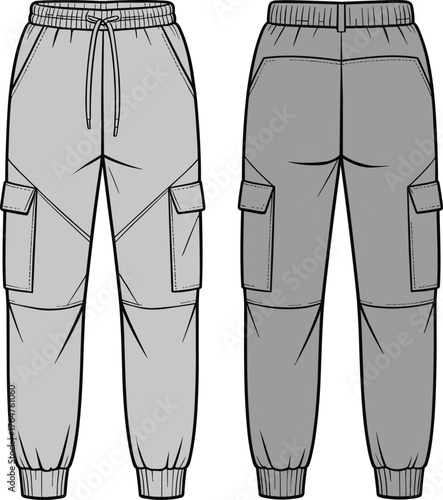 Cargo jogger pants technical flat sketch, front and back view, men’s streetwear fashion design template, cad drawing flat vector illustration