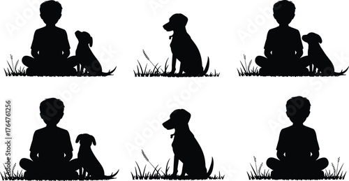 Child and dog silhouette, sitting in nature, friendship concept, black vector art, emotional bond, peaceful moment, minimalist design, stock illustration