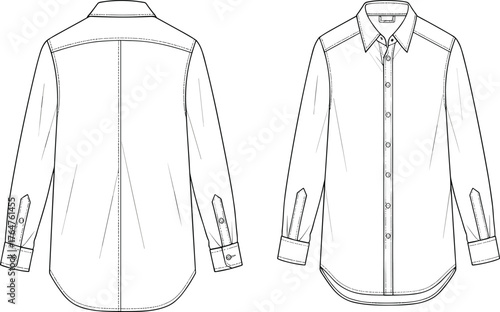 Classic button down shirt technical sketch, long sleeve blouse design, sewing pattern template, apparel fashion flat, CAD drawing flat vector illustration