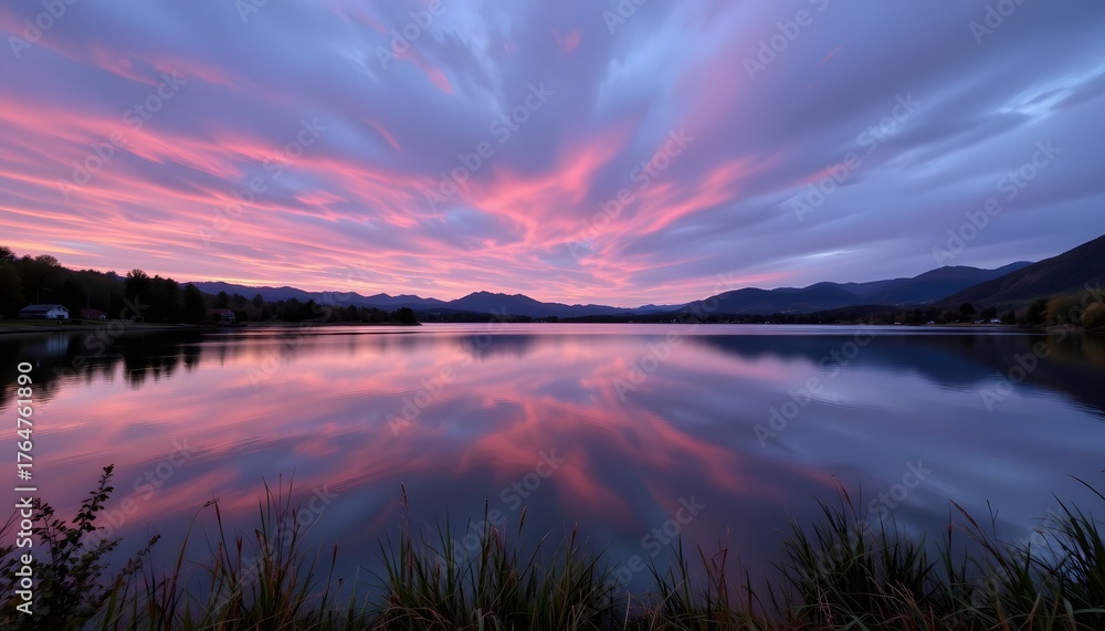 Fototapeta premium Scenic Sunset Over Calm Lake with Colorful Reflection and Dramatic Cloud Patterns