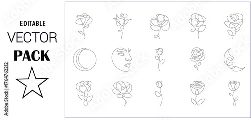 Minimalist Line Art Roses and Moon Phases Keywords: line art, rose, flower, moon, crescent, face