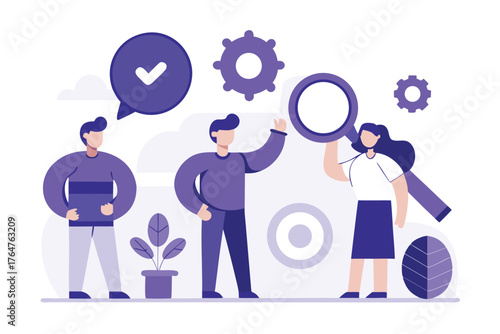 Vector art of team of people working together with magnifying glass and check mark, representing teamwork, analysis, and success