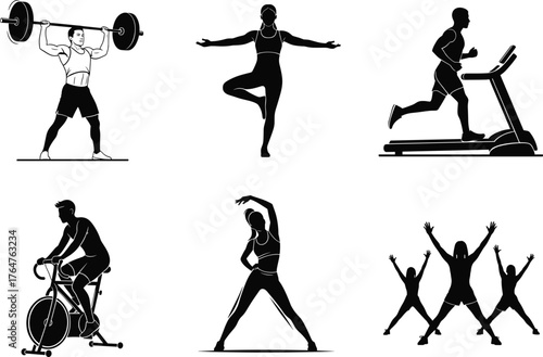 Fitness and exercise vector illustration set, people training, yoga, cycling, gym workout, treadmill running, stretching, aerobic class, healthy lifestyle silhouettes