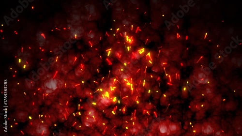 Abstract, bright, rapid fiery sparks. 4K video. Stunningly conveys the atmosphere of heat and expansion of fire. Motion design.
