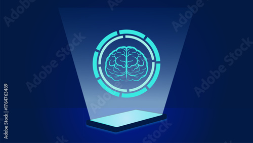 An illustration of a digital brain displayed through a futuristic projection, depicting the integration between technology and artificial intelligence in the modern world.