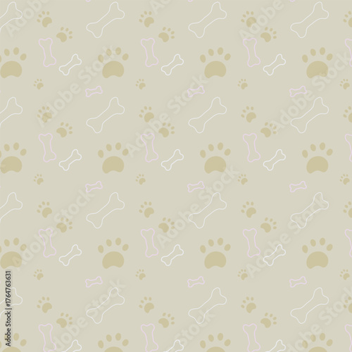 Cute Beige Paw Print and Bone Seamless Pattern Background, Neutral Pet Theme Vector for Fabric and Wallpaper