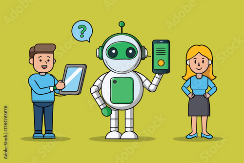 Vector art of friendly robot with headphones and a question mark above its head, standing between a man and a woman, both holding smartphones, illustrating technology and communication concepts
