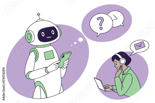 Vector art of a friendly robot using a tablet and a person with headphones using a laptop, symbolizing ai customer service and communication