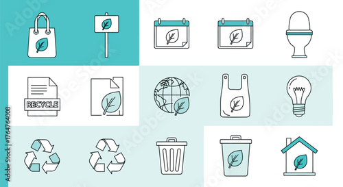 Vector illustration of set of ecofriendly icons including recycle symbol, shopping bag, calendar, light bulb, trash can, and earth globe