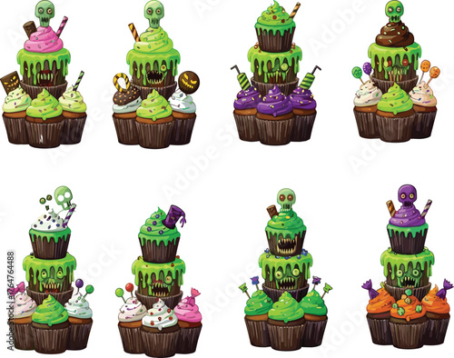 Halloween cupcake vector illustration, spooky dessert design, zombie treats, ghost toppers, pumpkin frosting, festive sweets, editable artwork, colorful holiday baking
