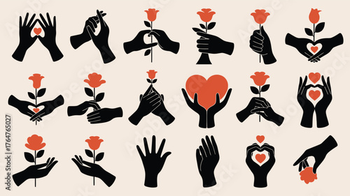Silhouette hands holding roses and hearts flower