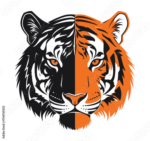 Tiger face split design vector illustration, wild animal artwork representing jungle strength, wildlife predator and feline art creativity themes