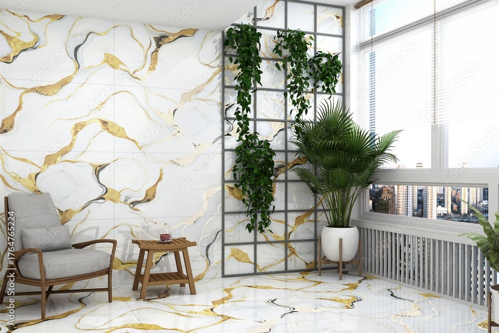 Obraz premium Calming interior 3D view. Elegant bathroom featuring marble flooring, quartz vanity, and pendant lighting in beige tones. 3D Rendering