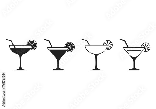 Margarita cocktail icon set. Line, filled with lemon slice outline, colorful version, 
Cocktail margarita glass icons, Bar symbol, Different style icons vector set