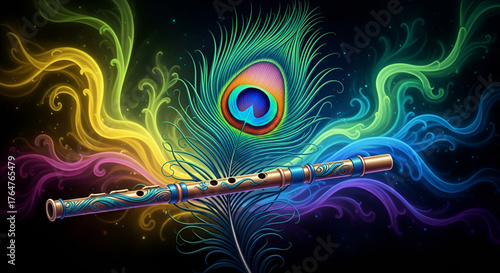 flute and a peacock feather. Generative AI