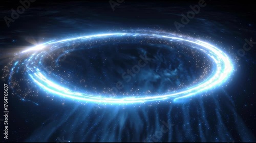 Abstract blue energy ring with glowing light in the dark space