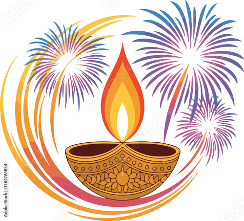 Diwali Tealight with Flames and Fireworks Colorful Celebration on Checkered Backdrop