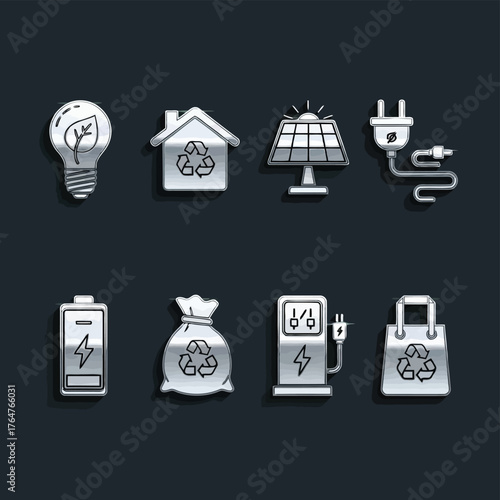 Vector illustration of set of metallic icons symbolizing ecofriendly energy sources, recycling, and sustainable living, presented on a dark background