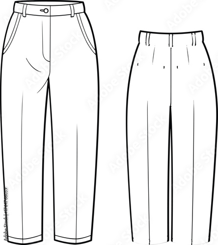 High waist pleated pants vector template, women’s tapered trousers technical fashion flat sketch, front and back view apparel design illustration